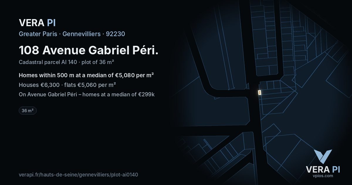 108 Avenue Gabriel Péri, Gennevilliers at night – the plot lit, the parcels around coloured by the prices near them