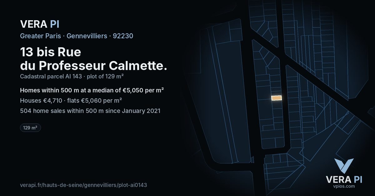 13 bis Rue du Professeur Calmette, Gennevilliers at night – the plot lit, the parcels around coloured by the prices near them