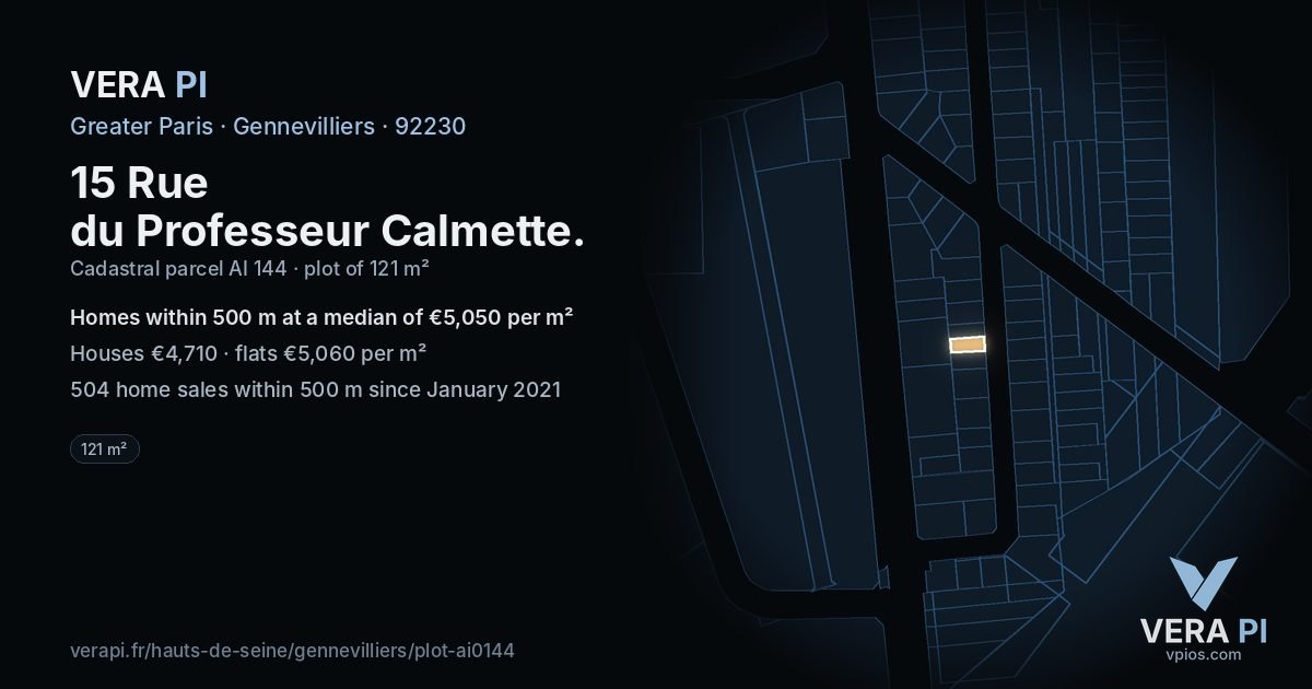 15 Rue du Professeur Calmette, Gennevilliers at night – the plot lit, the parcels around coloured by the prices near them