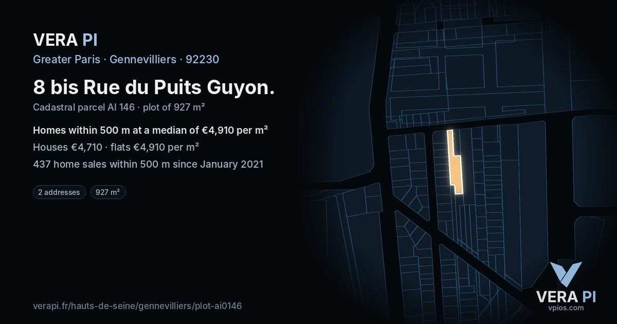 8 bis Rue du Puits Guyon, Gennevilliers at night – the plot lit, the parcels around coloured by the prices near them