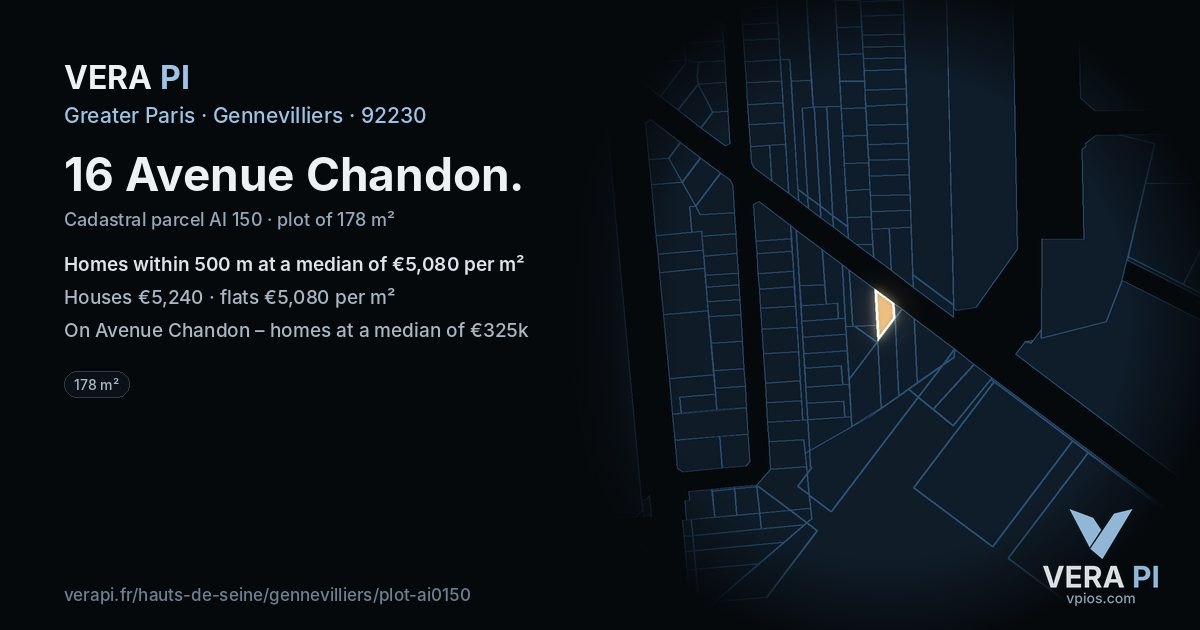 16 Avenue Chandon, Gennevilliers at night – the plot lit, the parcels around coloured by the prices near them