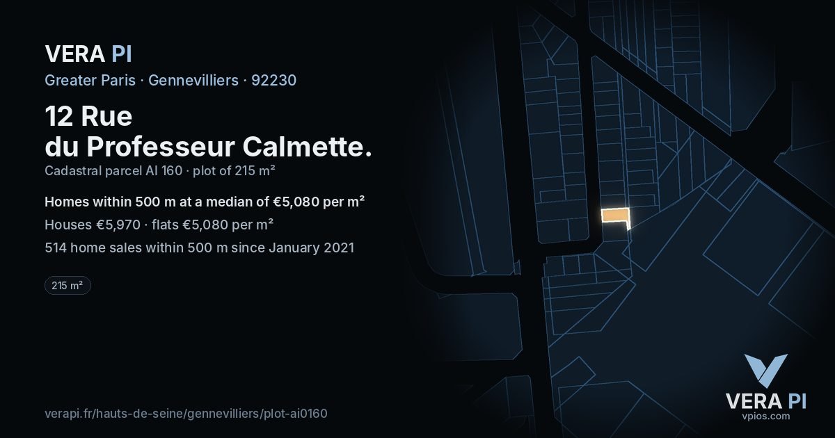 12 Rue du Professeur Calmette, Gennevilliers at night – the plot lit, the parcels around coloured by the prices near them