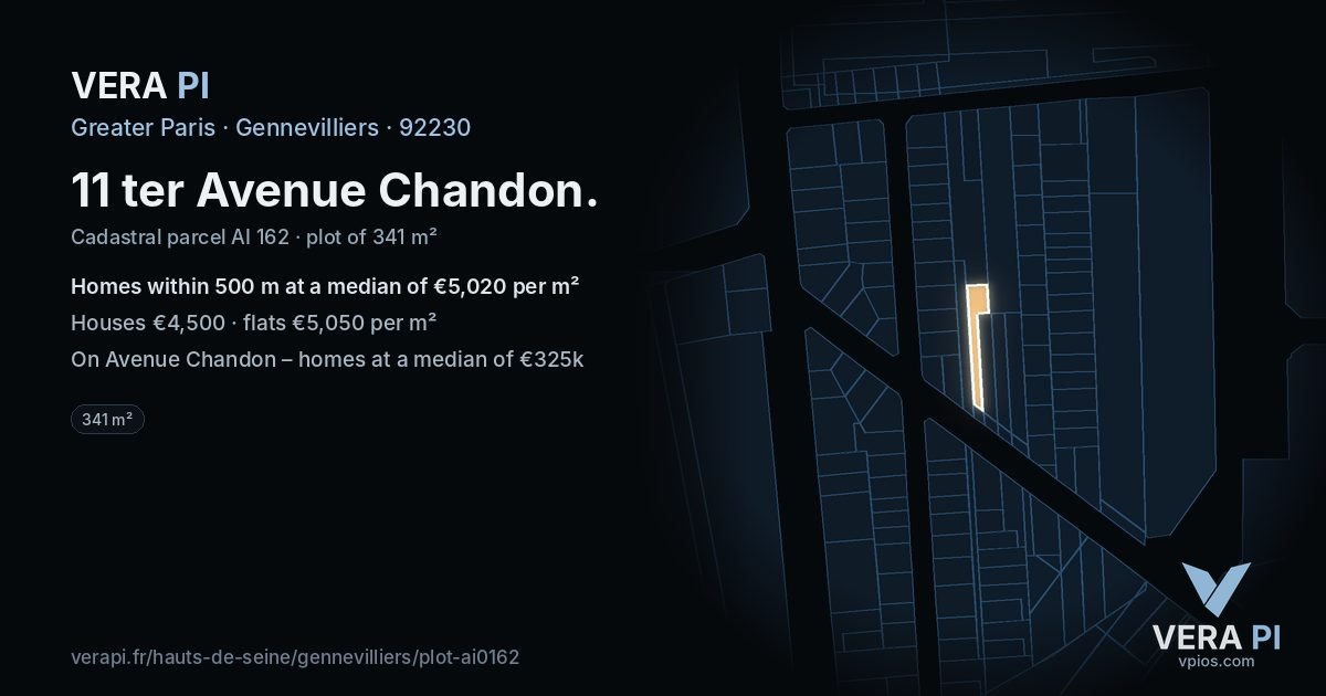 11 ter Avenue Chandon, Gennevilliers at night – the plot lit, the parcels around coloured by the prices near them