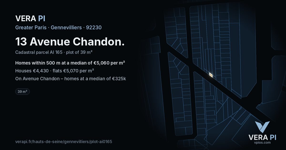 13 Avenue Chandon, Gennevilliers at night – the plot lit, the parcels around coloured by the prices near them