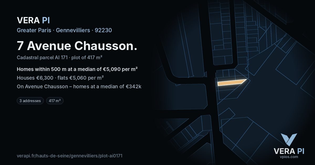 7 Avenue Chausson, Gennevilliers at night – the plot lit, the parcels around coloured by the prices near them