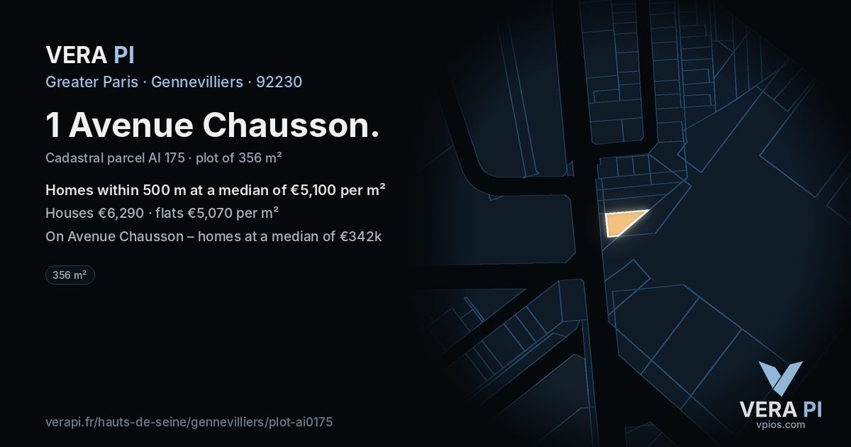 1 Avenue Chausson, Gennevilliers at night – the plot lit, the parcels around coloured by the prices near them