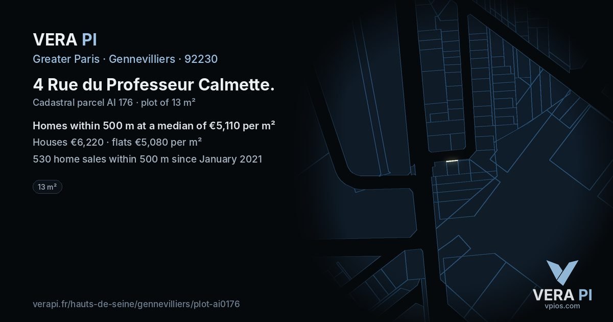4 Rue du Professeur Calmette, Gennevilliers at night – the plot lit, the parcels around coloured by the prices near them