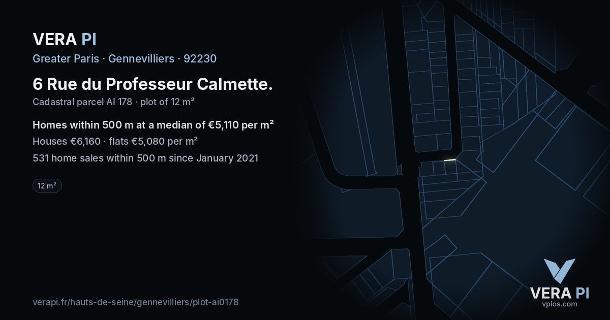 6 Rue du Professeur Calmette, Gennevilliers at night – the plot lit, the parcels around coloured by the prices near them
