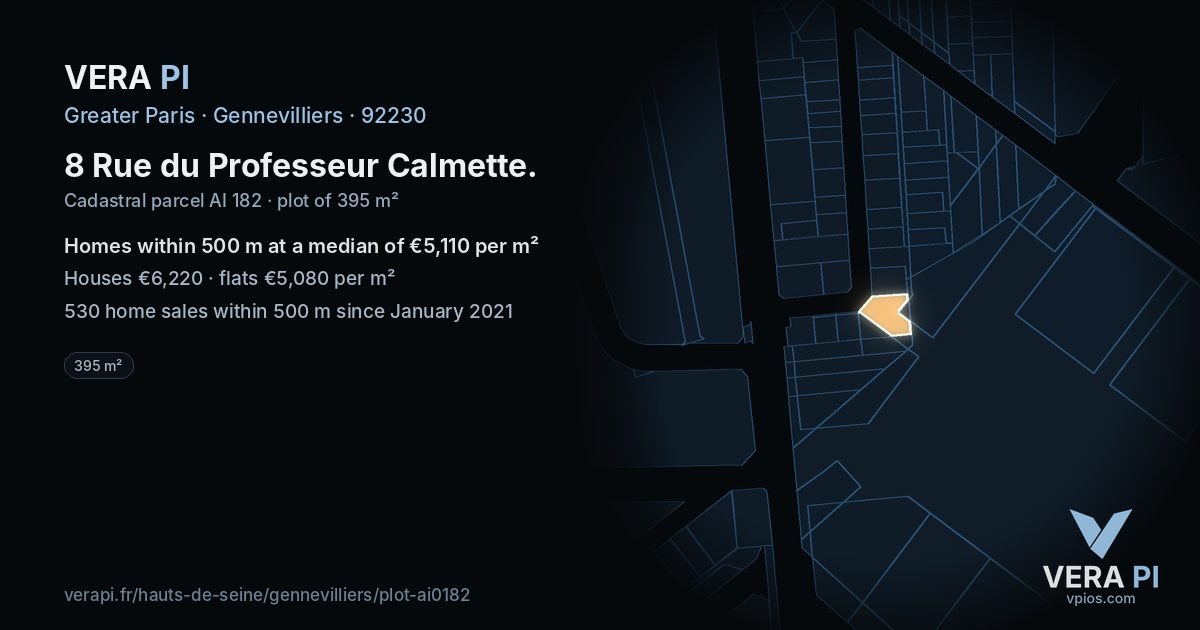 8 Rue du Professeur Calmette, Gennevilliers at night – the plot lit, the parcels around coloured by the prices near them