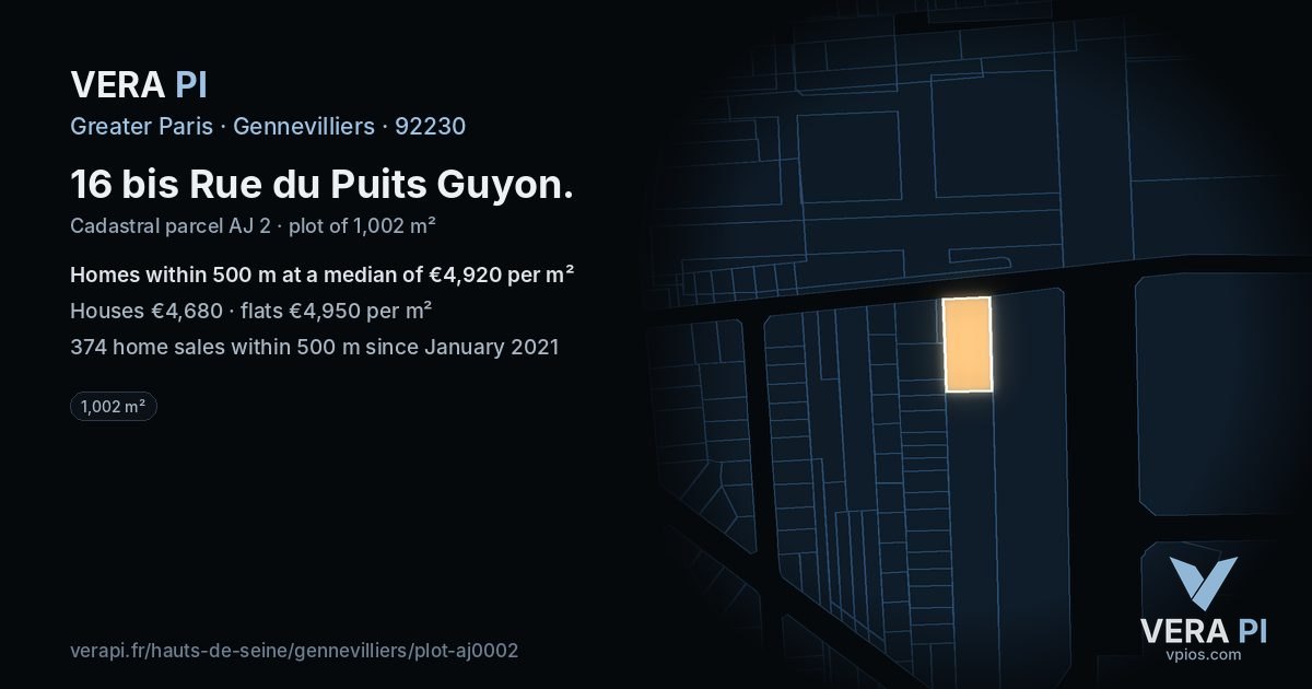 16 bis Rue du Puits Guyon, Gennevilliers at night – the plot lit, the parcels around coloured by the prices near them