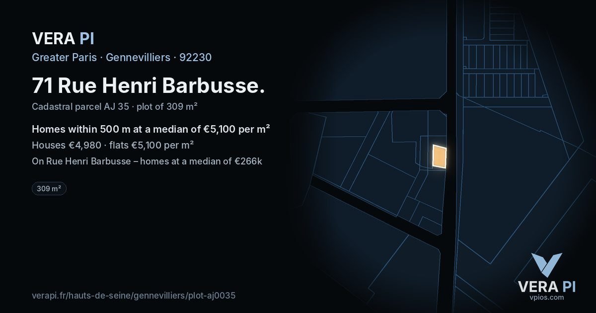 71 Rue Henri Barbusse, Gennevilliers at night – the plot lit, the parcels around coloured by the prices near them