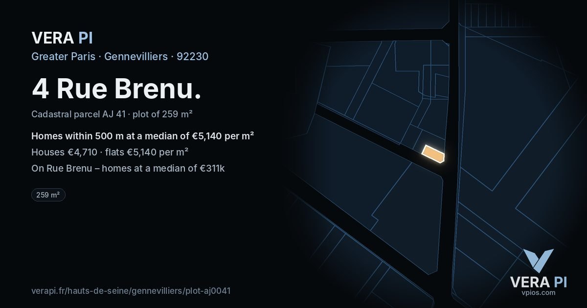 4 Rue Brenu, Gennevilliers at night – the plot lit, the parcels around coloured by the prices near them
