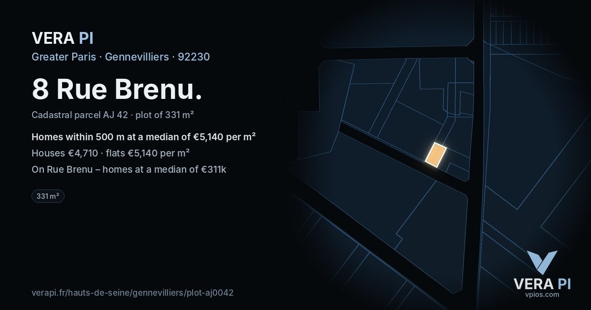 8 Rue Brenu, Gennevilliers at night – the plot lit, the parcels around coloured by the prices near them