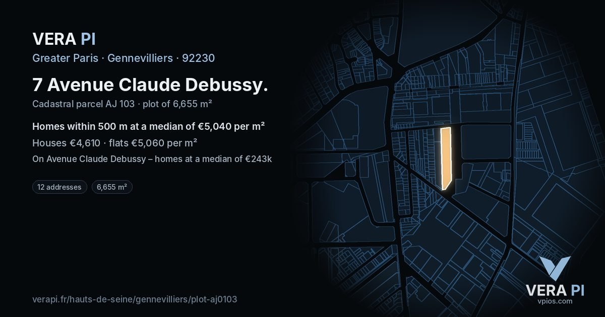 7 Avenue Claude Debussy, Gennevilliers at night – the plot lit, the parcels around coloured by the prices near them