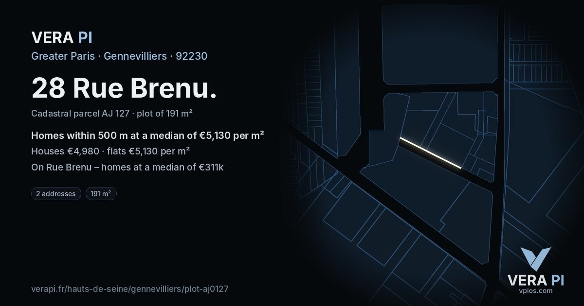 28 Rue Brenu, Gennevilliers at night – the plot lit, the parcels around coloured by the prices near them