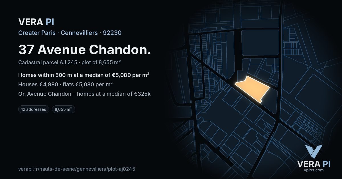 37 Avenue Chandon, Gennevilliers at night – the plot lit, the parcels around coloured by the prices near them