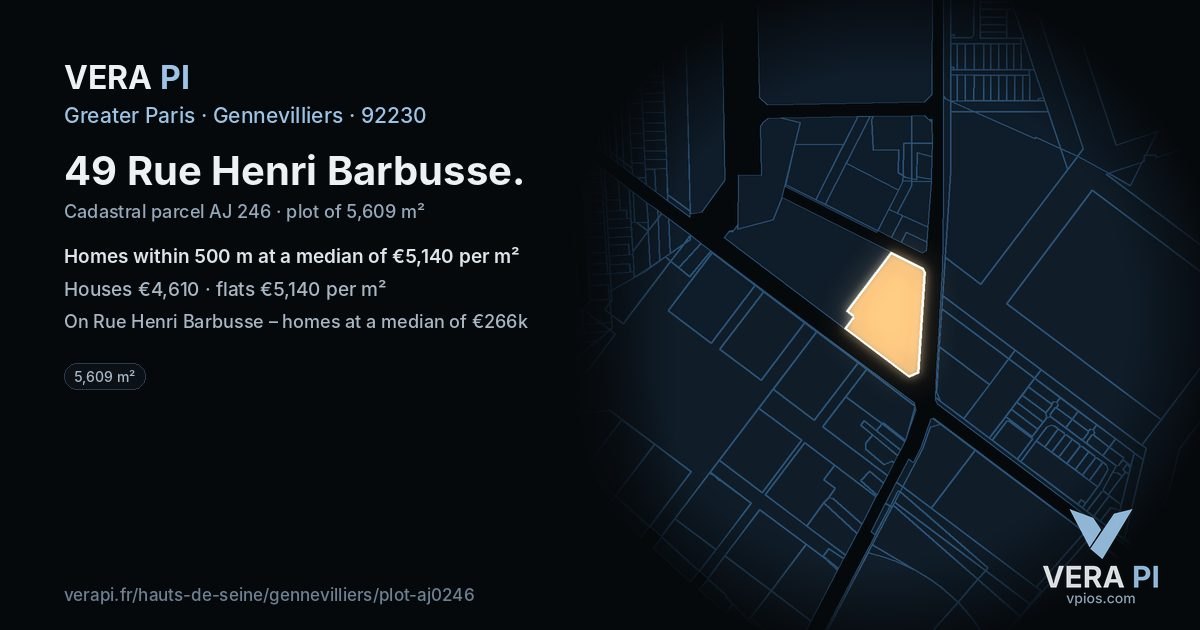 49 Rue Henri Barbusse, Gennevilliers at night – the plot lit, the parcels around coloured by the prices near them