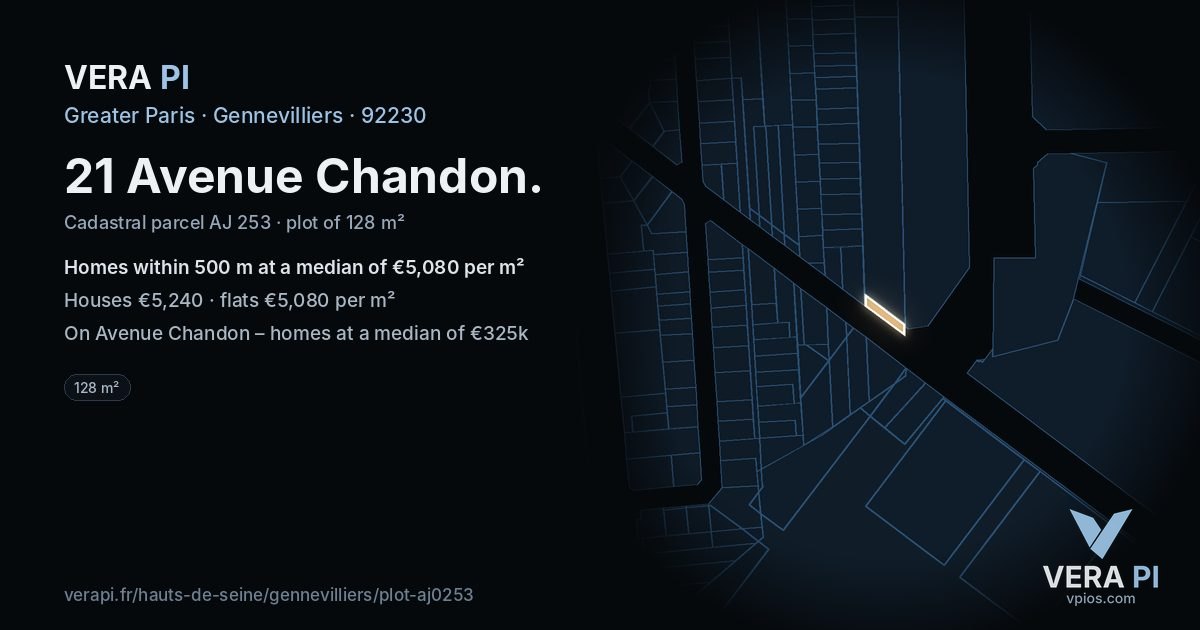 21 Avenue Chandon, Gennevilliers at night – the plot lit, the parcels around coloured by the prices near them