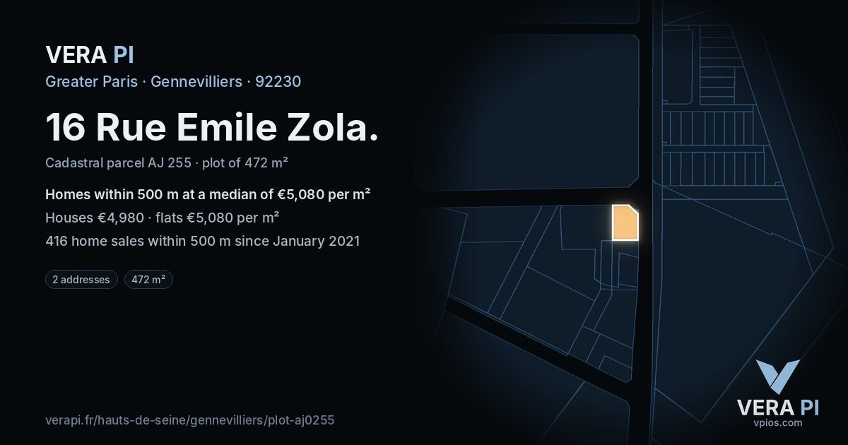 16 Rue Emile Zola, Gennevilliers at night – the plot lit, the parcels around coloured by the prices near them