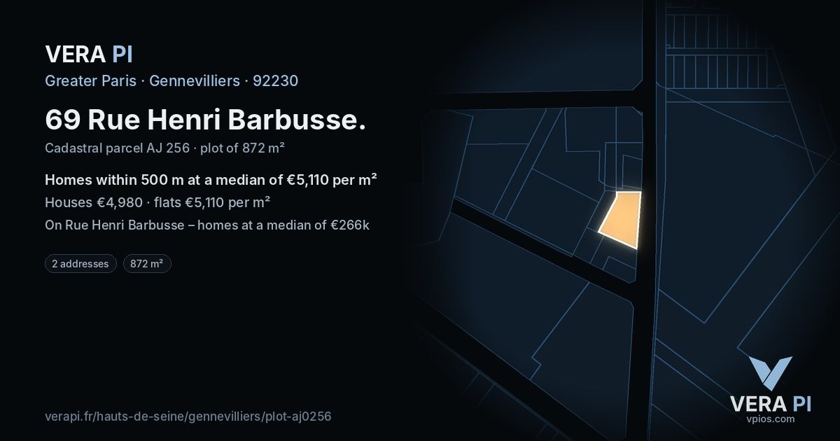 69 Rue Henri Barbusse, Gennevilliers at night – the plot lit, the parcels around coloured by the prices near them