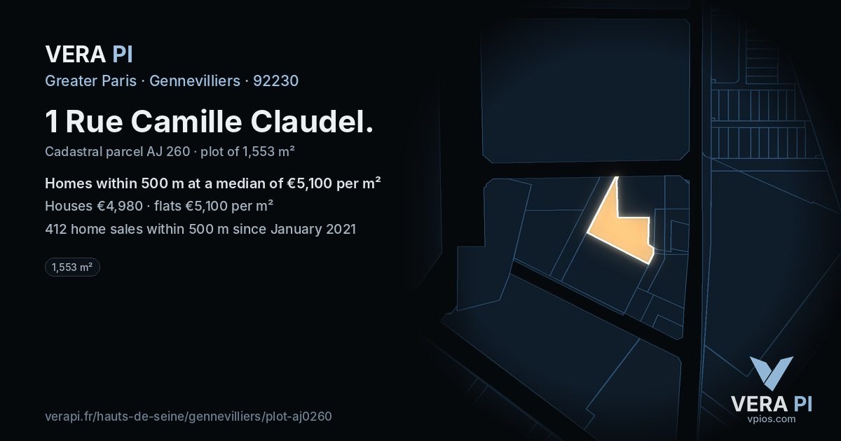 1 Rue Camille Claudel, Gennevilliers at night – the plot lit, the parcels around coloured by the prices near them