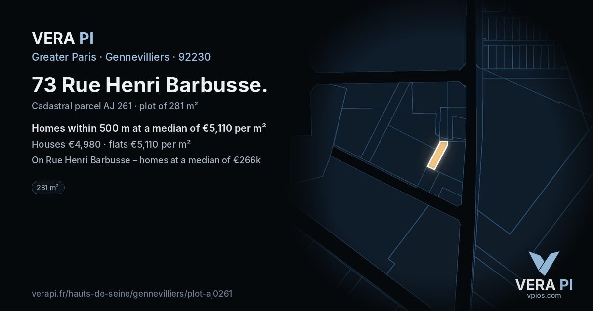 73 Rue Henri Barbusse, Gennevilliers at night – the plot lit, the parcels around coloured by the prices near them