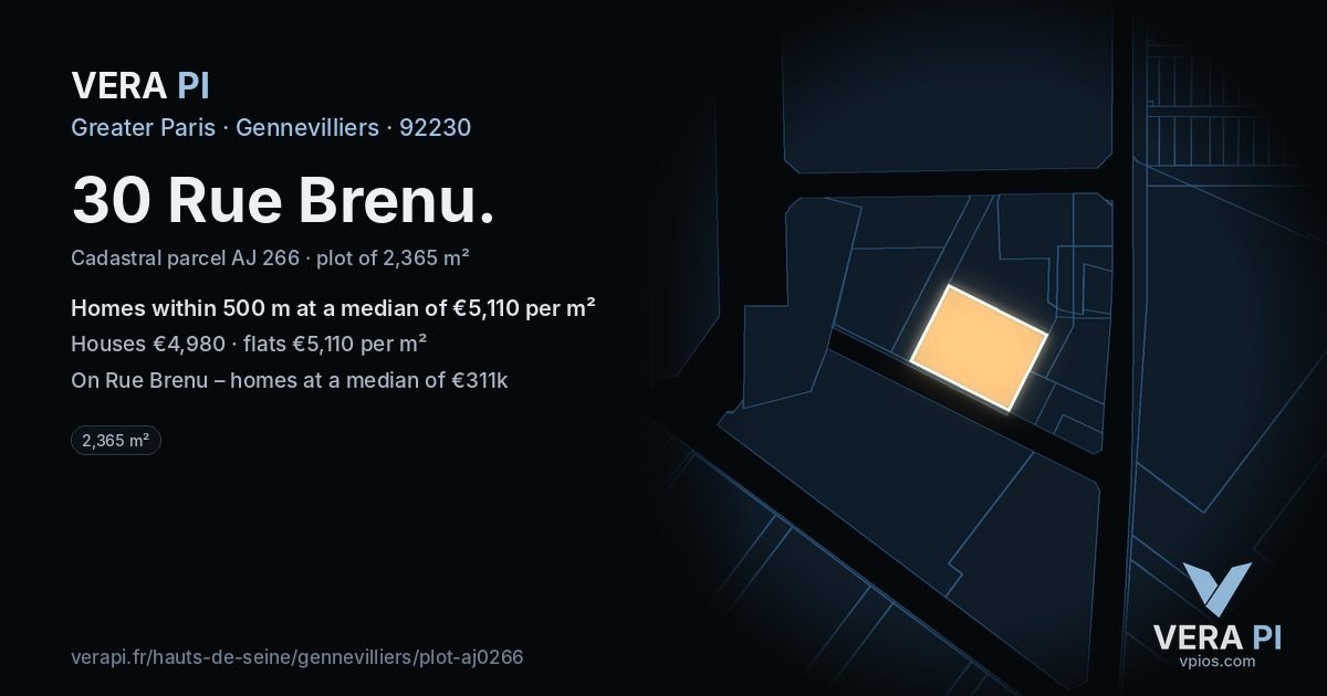 30 Rue Brenu, Gennevilliers at night – the plot lit, the parcels around coloured by the prices near them