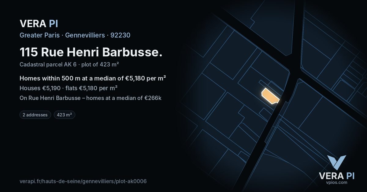 115 Rue Henri Barbusse, Gennevilliers at night – the plot lit, the parcels around coloured by the prices near them