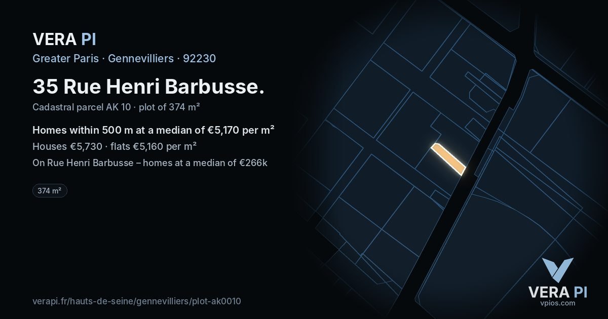 35 Rue Henri Barbusse, Gennevilliers at night – the plot lit, the parcels around coloured by the prices near them