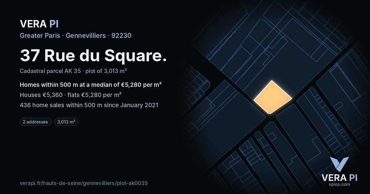 37 Rue du Square, Gennevilliers at night – the plot lit, the parcels around coloured by the prices near them