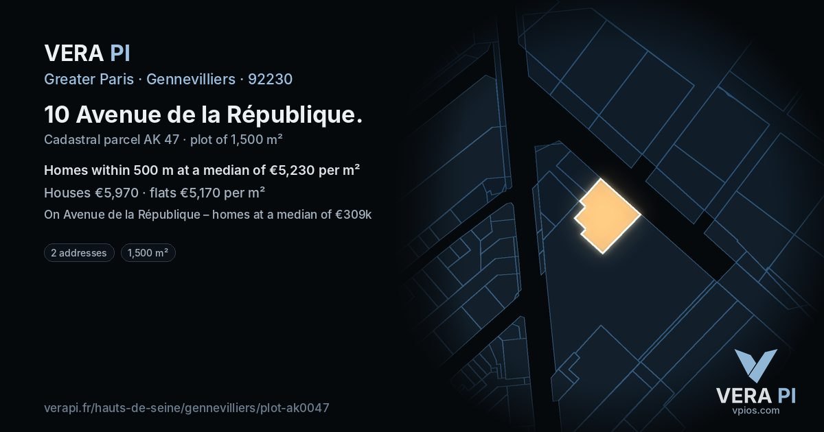 10 Avenue de la République, Gennevilliers at night – the plot lit, the parcels around coloured by the prices near them