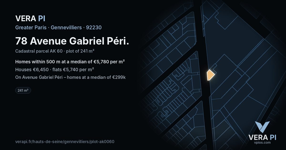78 Avenue Gabriel Péri, Gennevilliers at night – the plot lit, the parcels around coloured by the prices near them