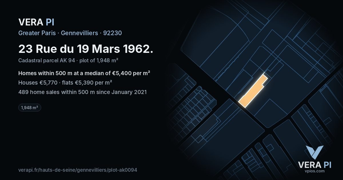 23 Rue du 19 Mars 1962, Gennevilliers at night – the plot lit, the parcels around coloured by the prices near them