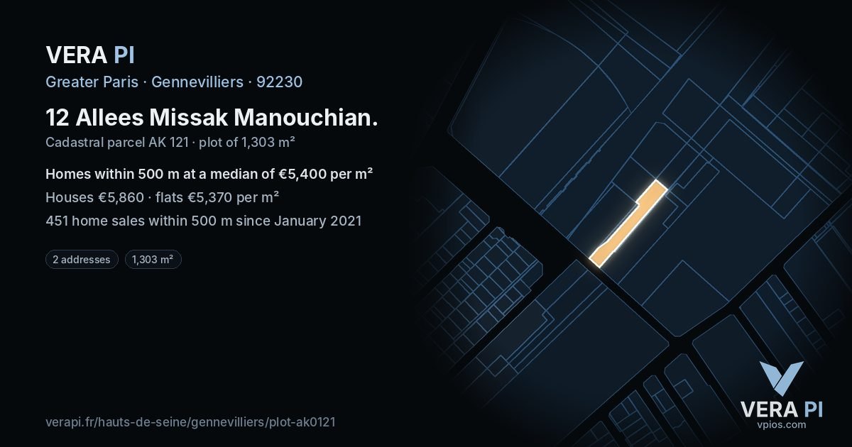 12 Allees Missak Manouchian, Gennevilliers at night – the plot lit, the parcels around coloured by the prices near them