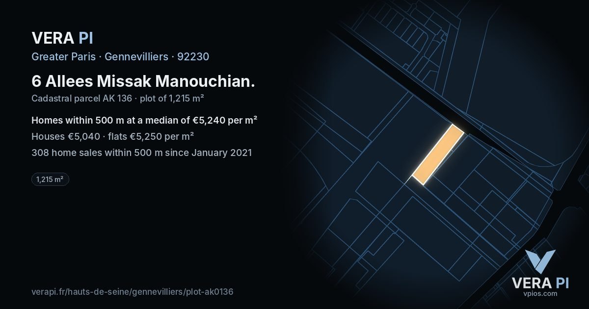 6 Allees Missak Manouchian, Gennevilliers at night – the plot lit, the parcels around coloured by the prices near them