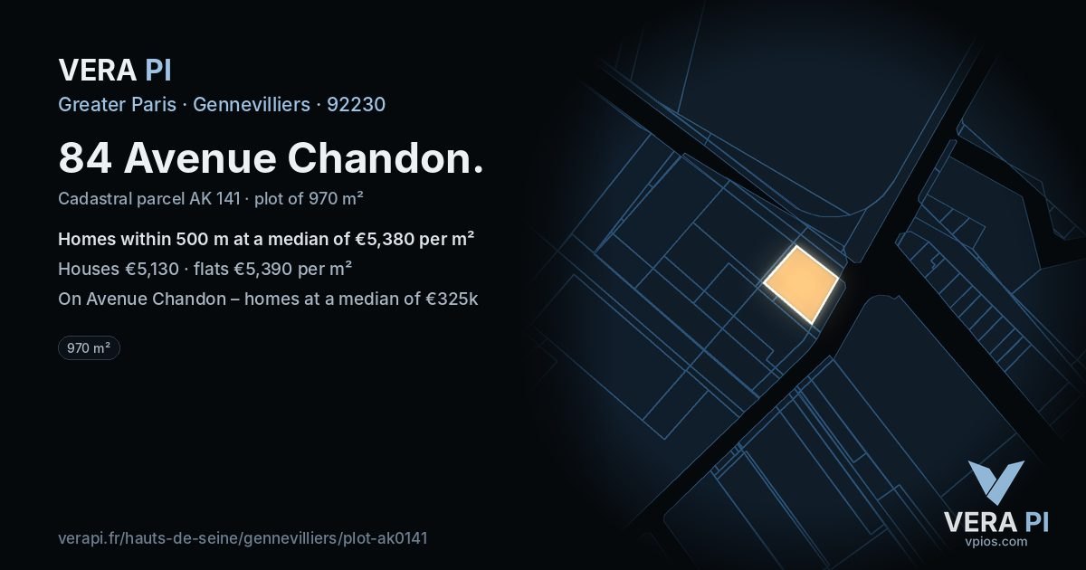 84 Avenue Chandon, Gennevilliers at night – the plot lit, the parcels around coloured by the prices near them