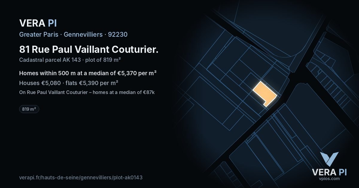 81 Rue Paul Vaillant Couturier, Gennevilliers at night – the plot lit, the parcels around coloured by the prices near them