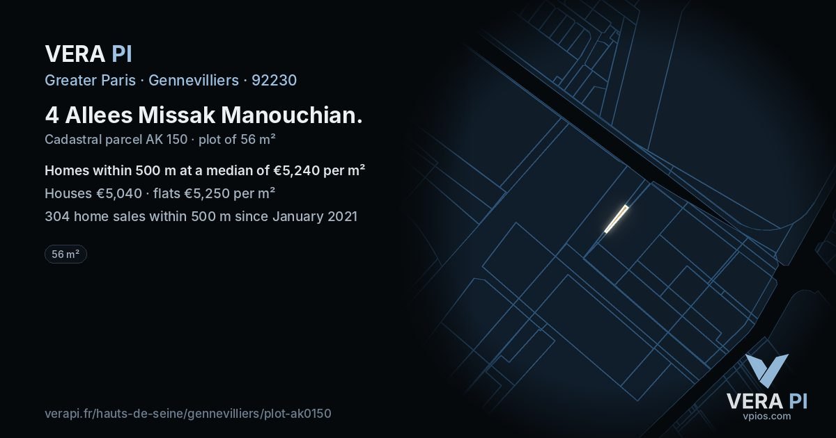 4 Allees Missak Manouchian, Gennevilliers at night – the plot lit, the parcels around coloured by the prices near them