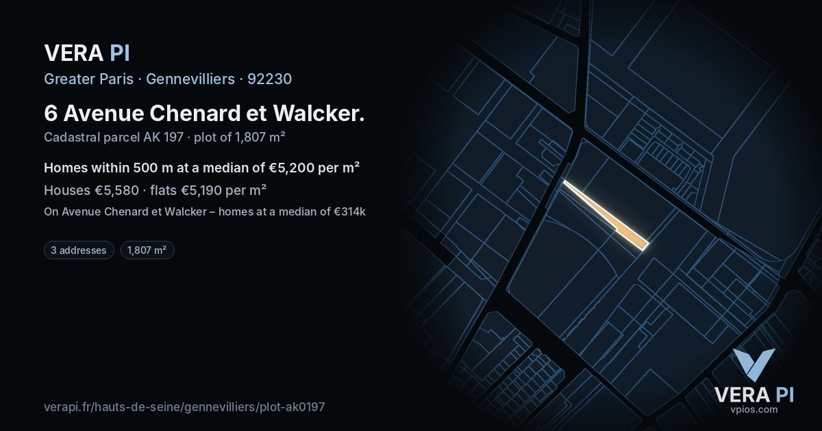 6 Avenue Chenard et Walcker, Gennevilliers at night – the plot lit, the parcels around coloured by the prices near them
