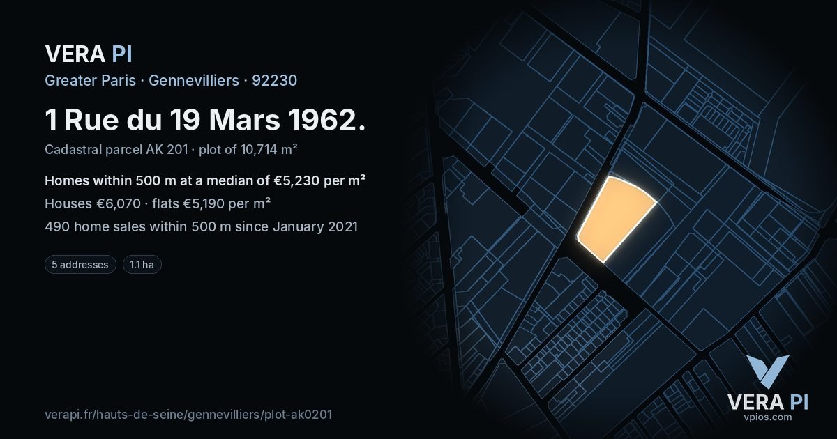 1 Rue du 19 Mars 1962, Gennevilliers at night – the plot lit, the parcels around coloured by the prices near them