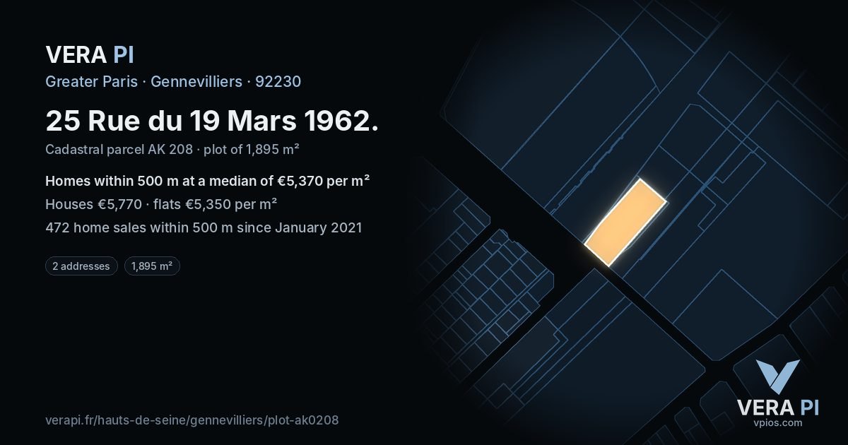 25 Rue du 19 Mars 1962, Gennevilliers at night – the plot lit, the parcels around coloured by the prices near them