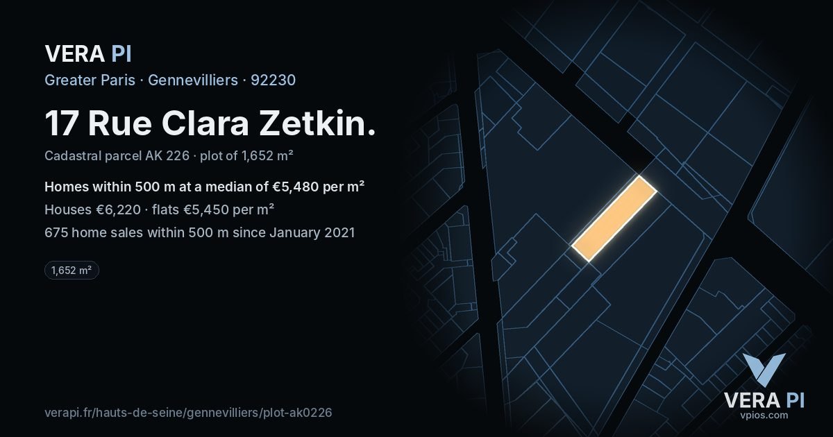 17 Rue Clara Zetkin, Gennevilliers at night – the plot lit, the parcels around coloured by the prices near them