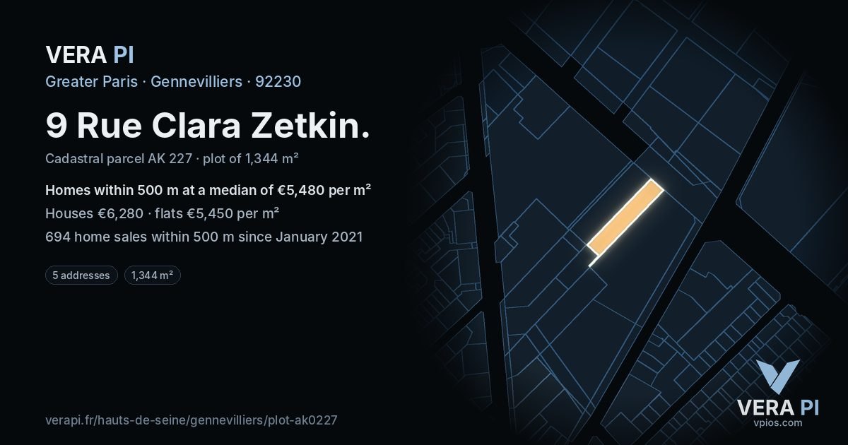 9 Rue Clara Zetkin, Gennevilliers at night – the plot lit, the parcels around coloured by the prices near them