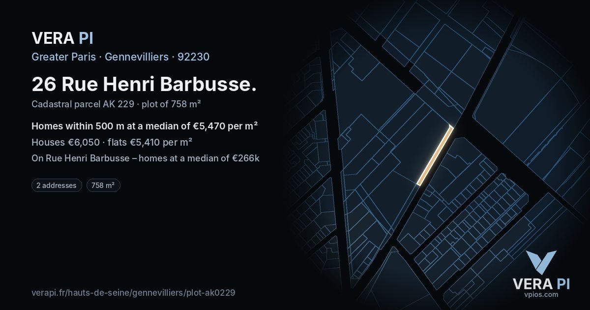 26 Rue Henri Barbusse, Gennevilliers at night – the plot lit, the parcels around coloured by the prices near them