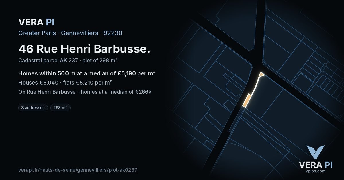 46 Rue Henri Barbusse, Gennevilliers at night – the plot lit, the parcels around coloured by the prices near them