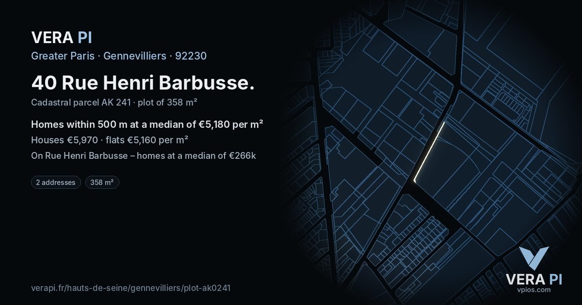 40 Rue Henri Barbusse, Gennevilliers at night – the plot lit, the parcels around coloured by the prices near them