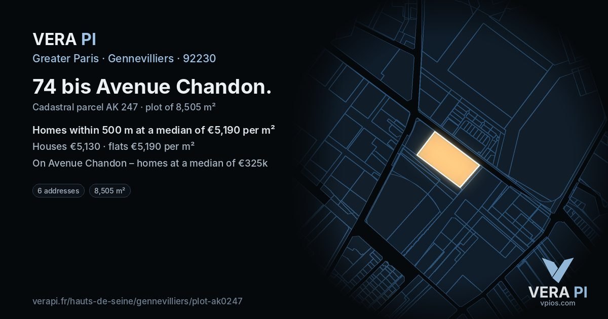 74 bis Avenue Chandon, Gennevilliers at night – the plot lit, the parcels around coloured by the prices near them