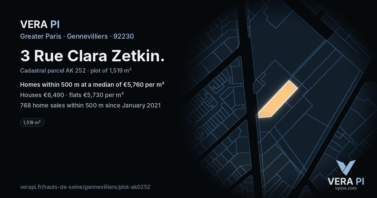 3 Rue Clara Zetkin, Gennevilliers at night – the plot lit, the parcels around coloured by the prices near them