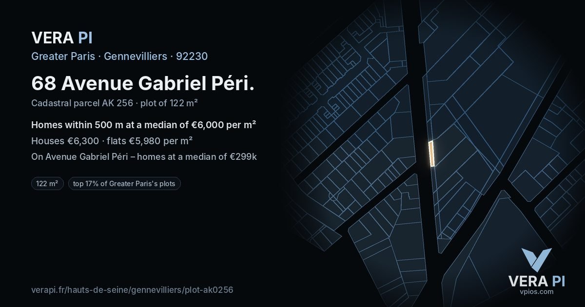 68 Avenue Gabriel Péri, Gennevilliers at night – the plot lit, the parcels around coloured by the prices near them
