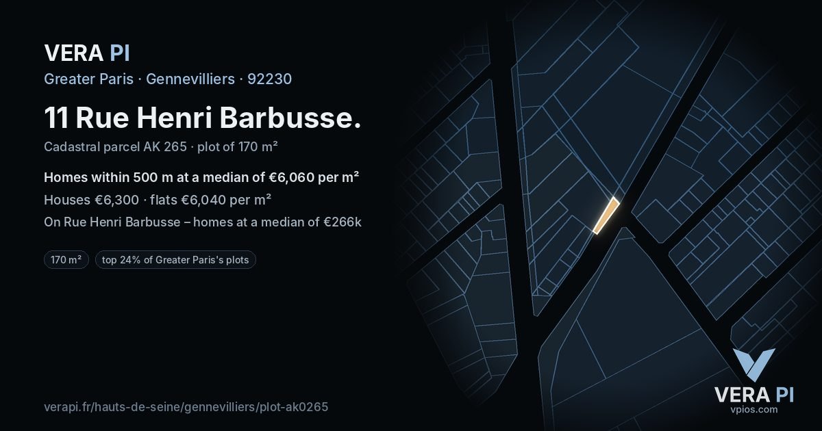 11 Rue Henri Barbusse, Gennevilliers at night – the plot lit, the parcels around coloured by the prices near them